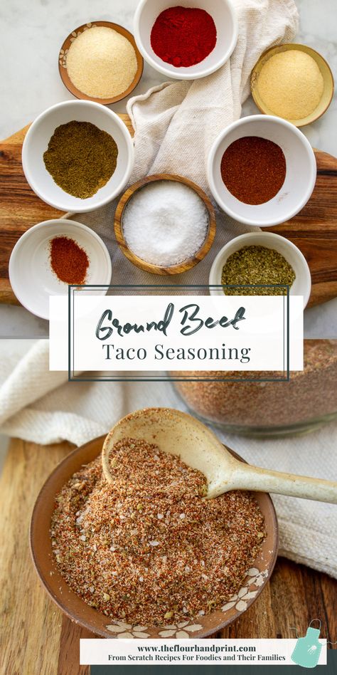 spices in white bowls on a wooden cutting board, then a blend of spices in a brown flowered bowl with a white spoon. Beef Taco Seasoning Recipe, Canning Taco Meat, Copycat Taco Seasoning, Homemade Taco Meat, Taco Meat Seasoning, Taco Spice Blend, Beef Taco Seasoning, Ground Beef Taco Seasoning, Ground Beef Taco