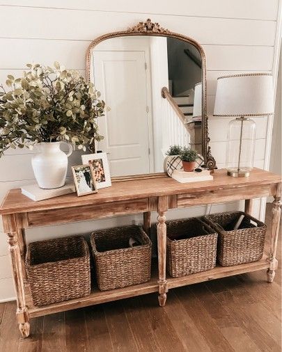 French Farmhouse Entryway, French Entryway Ideas, Cozy Farmhouse Entryway Table, French Country Entry Table, Behind Front Door Decor Entryway, Long Console Table Decor, Large Entry Table, Boho Farmhouse Entryway Table, Front Table Entryway