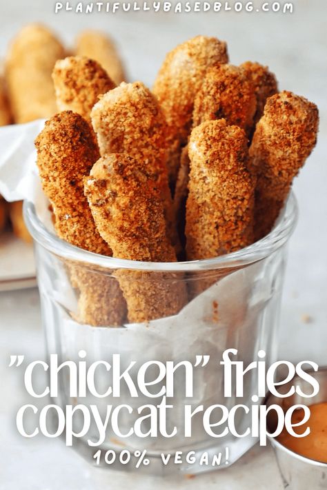 Delicious Homemade Vegan Chicken Fries - Plantifully Based Tofu Fries, Vegan Kfc, Air Fried Tofu, Tofu Chicken, Chicken Fries, Vegan Appetizers Recipes, Vegan Fried Chicken, Gluten Free Bread Crumbs, Vegan Chicken