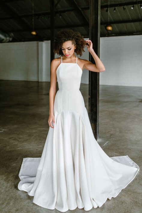 Pioneer by Tara LaTour | 2020 Collection. "Pioneer" is made from seersucker gingham over matte satin. Featuring our signature square train. #weddingdress #couture #coolgirlbride Tara Latour, Jeweled Wedding Dress, Rose Williams, Wedding G, Couture Bridal Gowns, Couture Bridal, Designer Bridal Gowns, Stunning Wedding Dresses, Gowns Wedding