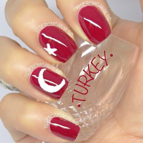 ♔ Nails designs Country Nail Art, Flag Nails, European Flags, Turkey Flag, All European Countries, Turkish Flag, Country Nails, Racun Shopee, Art Nails