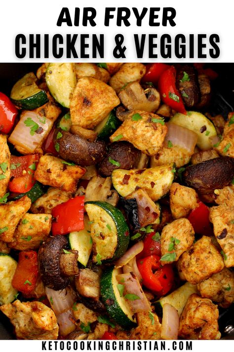 This easy recipe for Air Fryer Chicken Bites with Veggies combines perfectly seasoned, juicy chicken with a medley of tender, colorful vegetables. It's a healthy and delicious low-carb meal you can prepare in 20 minutes. #airfryerchicken #chickenbites #lowcarbdinner #ketochickenandveggies Air Fryer Chicken And Zucchini Recipes, Air Fryer Chicken Veggies, Low Carb Chicken And Veggie Recipes, Chicken And Veggies Instant Pot, Chicken And Vegetables Air Fryer, Chicken And Veggies Air Fryer, Air Fryer Chicken And Vegetables, Air Fryer Mediterranean Recipes, Chicken Kabobs Air Fryer