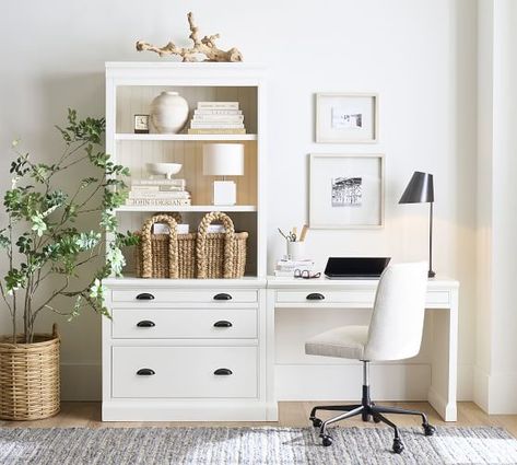 Aubrey Writing Desk with Lateral File Cabinet and Bookcase | Pottery Barn Bedroom Desk And Tv Unit, Playroom Desk And Storage, Office With Bedroom Guest Rooms, Built In With Desk, Desk And Dresser Combo, White Oak Desk, Basement Update, Pottery Barn Desk, Desk With Bookcase