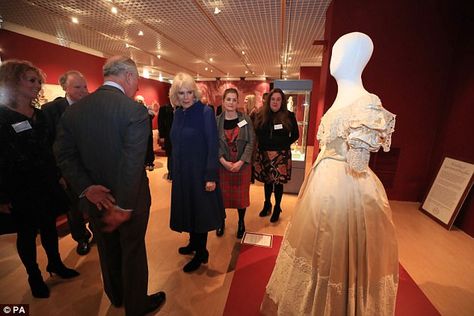 The Prince of Wales and the Duchess of Cornwall look at Queen Victoria wedding dress that was used in the TV drama that was also on display at the museum Queen Victoria Wedding Dress, Queen Victoria Wedding, Victoria Wedding Dress, Victoria Wedding, Pantomime, Stoke On Trent, Duchess Of Cornwall, Tv Drama, Prince Charles