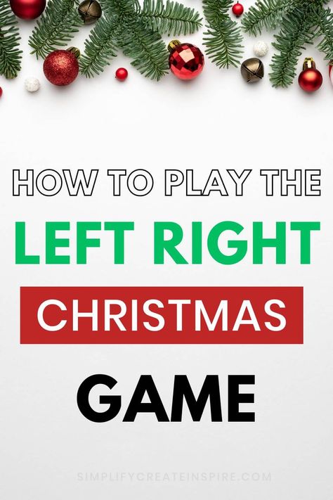 This Christmas left right game is the perfect quick and easy Christmas party game to entertain guests of all ages or as a Christmas classroom game for kids. This is a simple Christmas party game idea that can be played with a large group or a smaller group and other than the left right Christmas game script included below, you only need a gift or prize to play. You can also grab a printable version of the Christmas left right game. Printable Christmas party games. Christmas games for groups. Christmas Gift Exchange Poem, Christmas Left Right Story, Christmas Left Right Game, Left Right Christmas Game, Christmas Group Games, Left Right Game, Christmas Games To Play, Easy Christmas Party, Fun Family Christmas Games