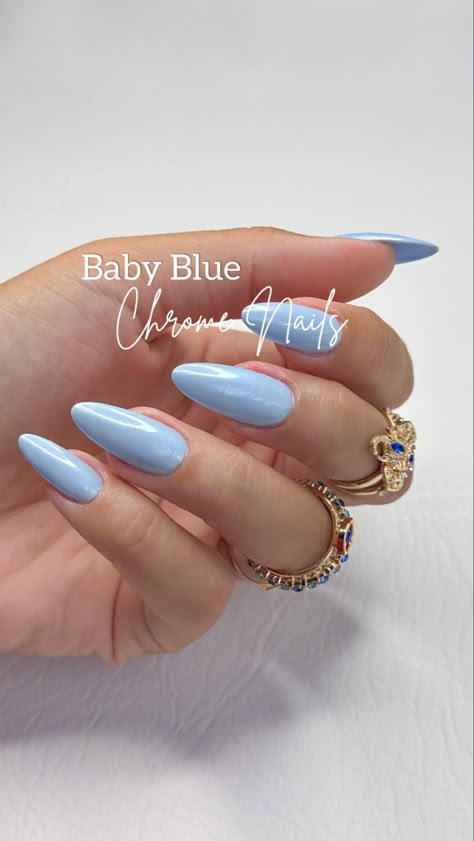 Classy Light Blue Nails, Light Blue January Nails, Stone Blue Nails, Soft Blue Nails Acrylic Almond, Baby Blue Oval Nails, Almond Nails Sky Blue, Blue Chrome Nails Almond, Light Blue Almond Acrylic Nails, January Blue Nails