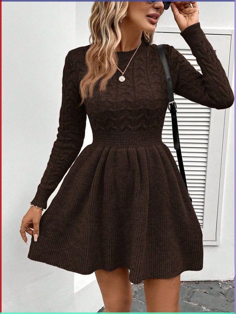 Women Solid Color Crew Neck Long Sleeve Sweater Dress For Autumn/Winter Coffee Brown Casual  Long Sleeve Knitwear Plain  High Stretch  Women Clothing, size features are:Bust: ,Length: ,Sleeve Length: Brown Winter Dress, Brown Sweater Dress Outfit, Sweater Dress Outfit Fall, Dress For Autumn, Dress Outfit Fall, Brown Sweater Dress, Sweater Dress Outfit, Winter Coffee, Tie Neck Dress