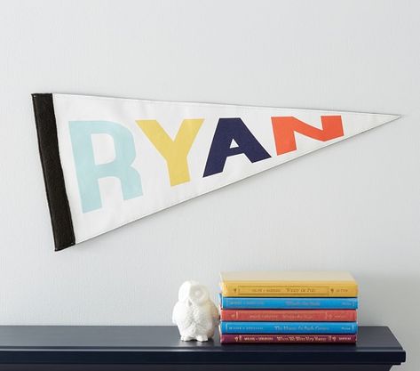 Personalized Pennant Flag #pbkids Pendant Flag, Decor Pottery, Pb Kids, Green Pottery, Dimensional Wall, Pennant Flag, Baby Bedding Sets, Playroom Furniture, Kids Wall Decor