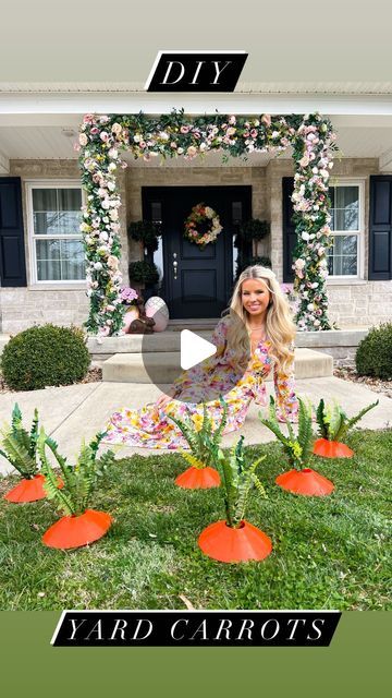 Macy Blackwell on Instagram: "Easy Yard Carrots!🥕 Make your own carrot patch with just 2 items! I got the fern stems at dollar tree, and the orange discs at Walmart! Just stick them into soft ground, and you have the cutest Easter decoration! 🐰 Easter is in March this year!!!🌷✨ #easter #easterdecor #easterdiy #springdecor #springhome #springdiy #easydiy" Easter Diy Yard Decor, Easter Yard Decorations Diy, Carrot Garden Craft, Easter Flowers With Carrots, Carrot Wreath Form Dollar Tree, Wooden Carrots Easter Decor, Easter Yard Decorations, Carrot Craft, Macy Blackwell