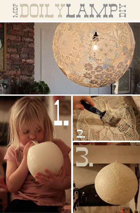 Doily Lamp, Lace Lamp, Diy Luminaire, Diy Light Fixtures, Diy Lampe, Diy Projektit, Dekor Diy, Vintage Diy, Décor Diy