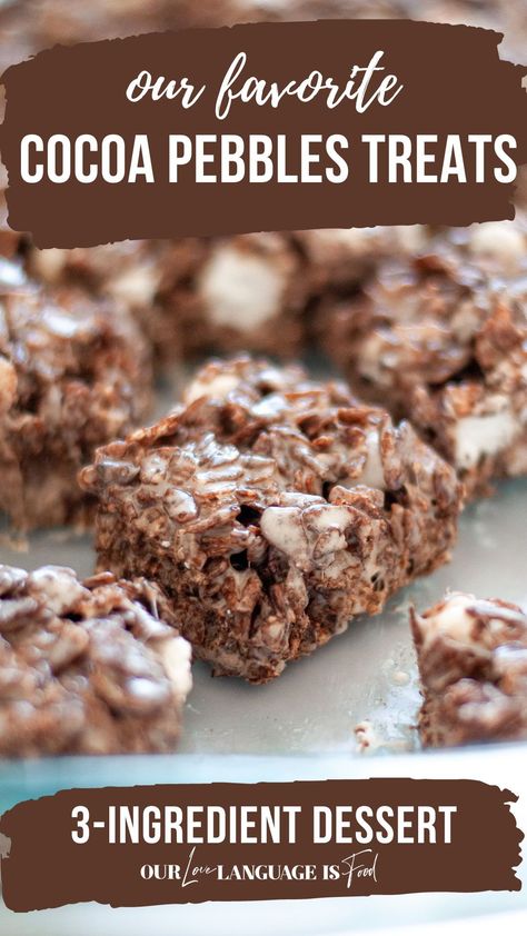 If you love chocolate and rice krispie treats, these easy cocoa pebbles krispie treats are sure to be your new favorite! This is the best of the best for cocoa pebbles treats recipes, and only uses 3-ingredients to make! Be sure to SAVE this pin if you love no bake desserts recipes, cereal bars with marshmallows, rice krispie squares, or are looking for easy desserts for a crowd! Rice Krispie Treats With Other Cereal, Rice Krispie Treats With Cocoa Pebbles, Hot Cocoa Rice Crispy Treats, Rice Crispy Treats With Chocolate Chips, Cocoa Crispy Treats Rice Krispies, Coco Rice Krispie Treats, Hot Coco Rice Krispies, Cocoa Puff Rice Krispie Treats, Coco Pebbles Cookies