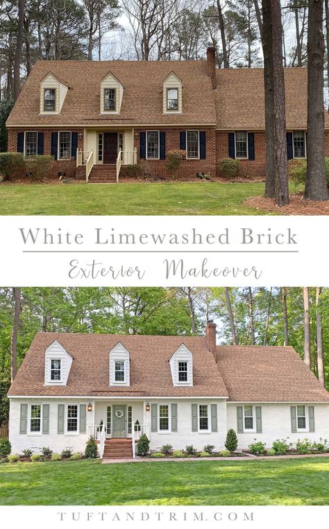 Redo Old Brick Home Exterior, Painted Brick House Exterior Brown Roof, Concrete Block House Exterior Makeover, Lime Washed Brick Exterior Ranch, White Brick Exterior Color Schemes, Half Brick Half Siding Exterior Remodel, Lime Washed Stone Exterior, Fixer Upper Exterior Paint Colors, Brick Skirting House Exterior