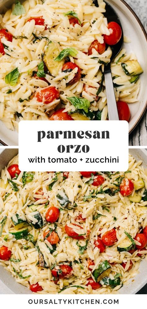 When you want comfort food fast, reach for this light and fresh parmesan orzo pasta. Tender orzo and sauteed zucchini and tomatoes swim in a light parmesan sauce made using just a handful of ingredients. Orzo is fast and filling, so it’s perfect for a quick weeknight dinner or lunch. #orzo #orzorecipes #italianfood #quickmeal Orzo Zucchini Tomato, Orzo Zucchini Salad, Orzo Recipes Mediterranean, Mediterranean Orzo Recipes, Orzo Pasta Recipes Side Dishes, Italian Orzo Pasta, Orzo Arugula, Parmesan Orzo Pasta, Orzo Recipes Healthy