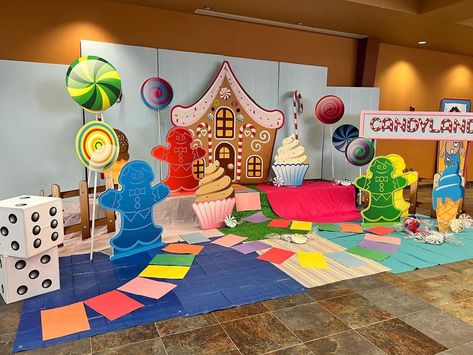 Candyland Game Decorations, Board Game Party Decorations Diy, Board Game Themes Decorations, Candyland Vbs Decor, Board Game Theme Decorations, Candy Land Vbs, Game On Vbs Decorations, Vbs Themes Ideas Vacation Bible School, Chutes And Ladders Decorations