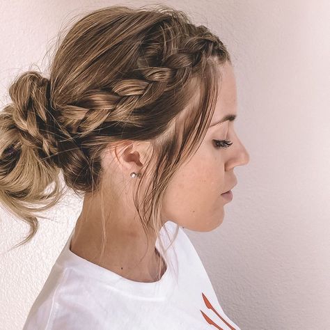 Low Messy Bun With Braid Tutorials, Messy Hair Wedding Styles, Braids With Buns Half Up, Wedding Braid Bun Hairstyles, Braids To Messy Bun, Messy Bun Hairstyles With Braid, French Braid With Messy Bun, Braid To Messy Bun, Messy Buns With Braids