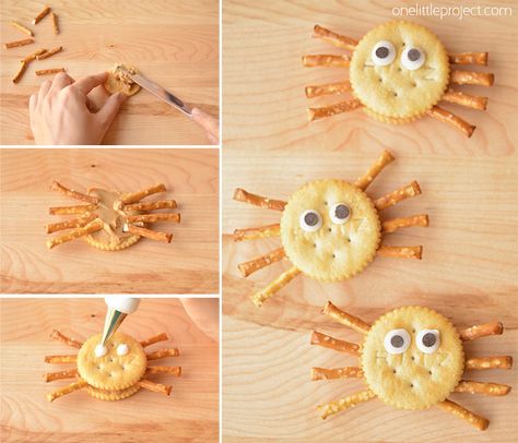 These Ritz spider crackers are so easy! They don't take any more time to make than a sandwich, but they are SO CUTE! Childrens Party Food, Childrens Cooking, Ritz Cracker, Healthy Halloween Snacks, Halloween Snack, Easy Halloween Food, Preschool Snacks, Edible Crafts, Halloween Appetizers