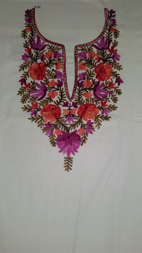 #kashmiri #aari #suit #embroidery #needlework #floral @aareshnafabrics Kashmiri Neck Embroidery, Kasmiri Embroidery Work Kurti, Kashmiri Work Embroidery, Kasmiri Embroidery Work Suit, Suits Stitching Ideas, Kashida Embroidery Motifs Kashmiri, Kashmiri Embroidery Motifs, Kashmiri Embroidery Designs, Kashmiri Embroidery Suits