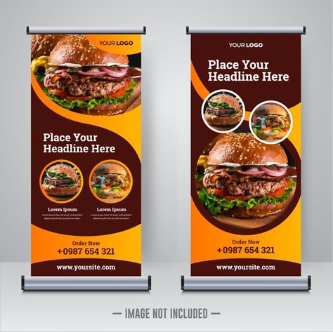 Food and restaurant roll up banner templ... | Premium Vector #Freepik #vector #food #menu #sale #restaurant Xbanner Design, Food Signage, Rollup Design, Standing Banner Design, Rollup Banner Design, X Banner, Standee Design, Banners Design, Food Promotion