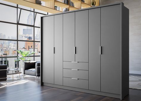 Grey Cupboards, Sliding Wardrobes, Grey Wardrobe, Grey Drawers, Large Wardrobes, Bedroom Cupboard, Outer Design, Wardrobe Designs, Bedroom Cupboard Designs