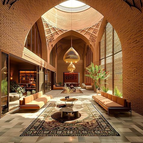 Eternal Serenity: A Fusion of Tradition and Tranquility by Rezvan Yarhaghi @yk_archdaily. 🔗 https://www.amazingarchitecture.com/visualization/eternal-serenity-a-fusion-of-tradition-and-tranquility-by-rezvan-yarhaghi Rezvan Yarhaghi: This luxurious mud brick home, nestled in the heart of an several Persian courtyards, exudes charm and elegance. The courtyard, designed in the archgamified style of ancient Persian architecture, is a captivating blend of tradition and modern luxury. The pattern... Afro Architecture, Arab House, Outdoor Chapel, Ancient Persian Architecture, Courtyard Houses, Arabic Architecture, Moroccan Style Home, Mud Brick, Islamic Interior Design