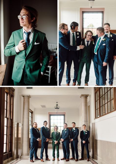 Green Groom Suit Blue Groomsmen, Green Groom Blue Groomsmen, Navy Suit Wedding Green Bridesmaid, Navy And Green Suit Wedding, Blue Green Groomsmen, Green And Blue Groomsmen, Emerald Green And Navy Wedding, Blue And Green Suit, Emerald Green Groomsmen