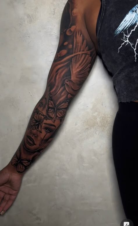 Inside Arm Sleeve Tattoos For Women, Black Women Arm Tattoo Sleeve, Tattoo Ideas Female Sleeve Inner Arm, Bottom Arm Sleeve Tattoo Black Women, Girl Tattoo Sleeve, Arm Sleeve Black Women, Arm Tattoos Black Women, Upper Arm Tattoos Black Women, Sleeve Tattoos Black Women