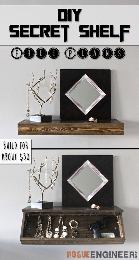 DIY Secret Floating Shelf | Free Plans | Rogue Engineer #diyprojects #diyideas #diyinspiration #diycrafts #diytutorial #floatingshelves #shelves Secret Shelf, Floating Shelf Plans, Concealment Furniture, Diy Shelf, Secret Storage, Estantes Flotantes, Free Plans, Floating Shelf, Diy Shelves