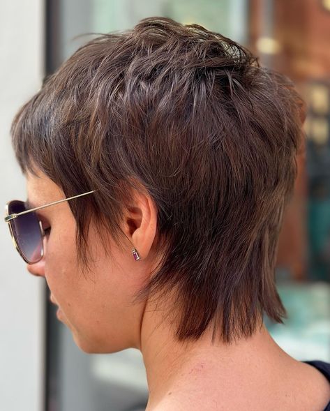 Womens Short Mullet Hairstyles, Short Haircut Straight Hair Layers, Very Short Wolf Cut Hair, Wolf Pixie Haircut, Mullet Hairstyle Women Over 50, Pixie Wolf Cut Hair, Shag Pixie Cut Fine Hair, Short Hair Women 2024, Short Shags On Women