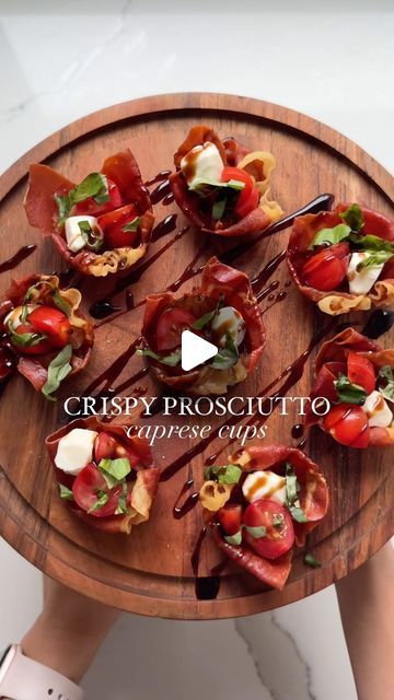 Mozerella Recipes Appetizers, Appetizers Set Up Ideas, Prosciutto Cups Appetizer, Proscuitto Appetizers Simple, Boursin Prosciutto Phyllo Cups, Procuttio Appetizers, Crispy Prosciutto Cups, Caprese Puff Pastry Bites, Mozzarella Prosciutto Appetizer Recipes