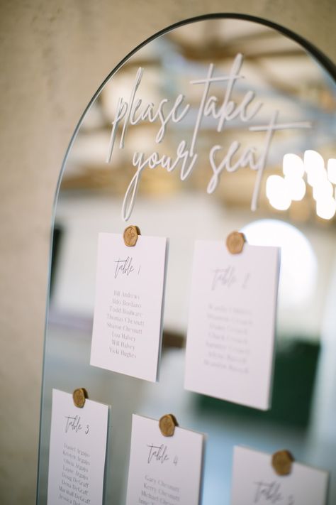 Katie & Tyler’s Wedding Details | please take a seat mirror decal guest list | daniellepearcephotography.com Take Your Seat Wedding Mirror, Find Your Seat Wedding Ideas Mirror, Mirror Wedding Guest List, Mirror Wedding Seating Plan, Wedding Guest List Mirror, Guest List Mirror, Find Your Seat Wedding Ideas Diy, Wedding Seating Plan Mirror, Wedding Guest List Board