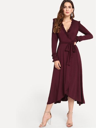 Natural Clothing, Frill Dress, Wrap Midi Dress, Belted Dress, Fit And Flare Dress, Flare Dress, Dresses Online, Fit And Flare, Bordeaux