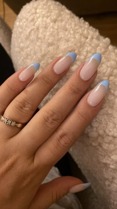 Lite Blue French Nails, Simple Nail Ideas Light Blue, Blueberry Milk Nails French, Royal Blue And White Nails Almond, Nail Ideas Almond Blue, Light Blue French Tips Almond, French Nails Blue Tips, Light Blue French Manicure, Dusty Blue French Tip Nails