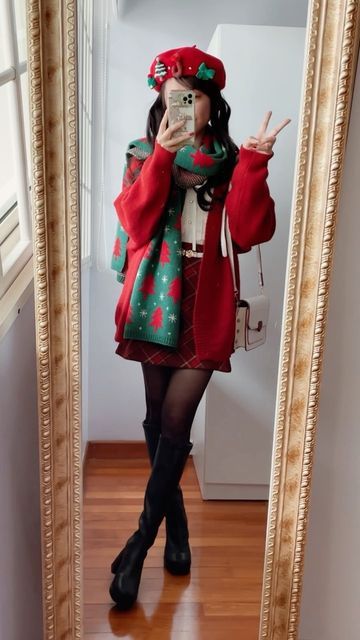 Megoosta Fashion 🌈☀️🌙⭐️ on Instagram: "All you need are festive accessories to make an outfit holiday-ready ☃️🎅🏻❤️🎄 Link in bio to shop the outfit 🤩 - ruffle trim tie neck blouse - biscuit plaid mini skirt - vintage rose belt - newsboy knitted cardigan - christmas tree scarf - love note satchel bag - knee high platform boots" Christmas Cardigan Outfit, Christmas Vest Outfit, Plaid Christmas Outfit, Christmas Tree Outfit, Rose Belt, Festive Accessories, High Platform Boots, Shop The Outfit, Knee High Platform Boots