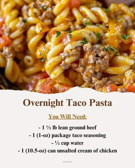 Jamie Oliver Recipes | Overnight Taco Pasta 🌮🍝 | Facebook Overnight Taco Pasta, Taco Pasta Bake, Church Recipes, Taco Pasta Recipes, Easy Suppers, Taco Pasta, Hearty Casseroles, Taco Casserole, Grandmas Recipes