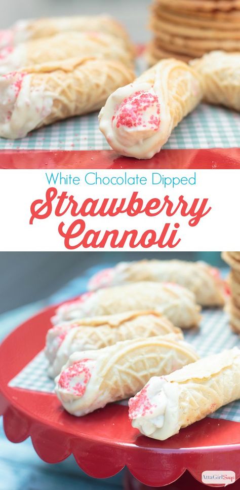 White Chocolate Dipped Cannoli with a Strawberry Cream Filling via Atta Girl Says >> #WorldMarket Dessert Recipes Easy Cannoli Recipe, Ricotta Strawberry, Strawberry Cannoli, Cannoli Recipe Easy, Strawberry Cream Filling, Cannoli Dessert, Baked Shells, Chocolate Cannoli, Easy Cannoli