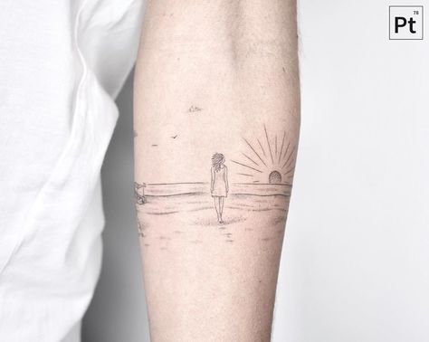 CafeMom.com : The Ultimate Walk Captured Forever : 20 Ocean & Beach Tattoos for Everyone Living the #SaltLife -- This is the kind of walk we dream of during either sunrise or sunset, the fine sand between our toes and our skin being warmed by the sun. Artist Pablo Torre of Madrid captured this sentiment beautifully with staggering line work, not to mention amazing detail with the dot work. Beach Line Art Tattoo, Sunset Over Ocean Tattoo, Sunrise Beach Tattoo, Walking On Sunshine Tattoo, Sunset On Water Tattoo, Ocean And Sky Tattoo, Ocean Tatoos Woman, Lake Inspired Tattoo, Walk On Water Tattoo