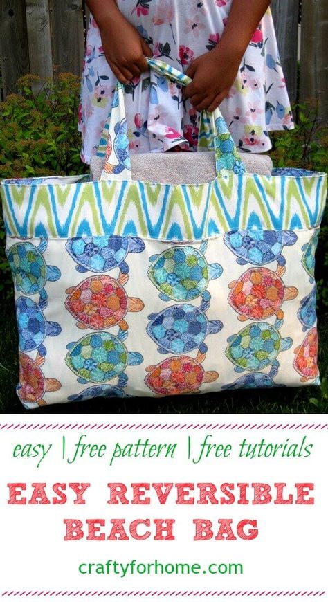 Easy Reversible Beach Bag | Crafty For Home Beach Bag Tutorials, Diy Beach Bag, Beach Bag Pattern, Fun At The Beach, Large Beach Bags, Sewing Bags, Trendy Sewing, Large Beach Towels, Sewing Tutorials Free