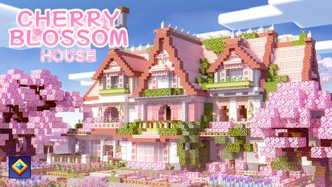 Cherry Blossom House Big House In Minecraft, Cherry Blossom Mansion Minecraft, Minecraft Houses Cherry, Cherry Wood House Minecraft, Girly Minecraft Houses, Minecraft Sakura House, Cherry Blossom House Minecraft, Minecraft Mansion Tutorial, Pretty Minecraft Houses