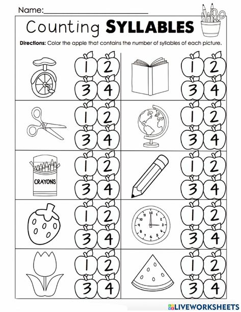 Syllables Kindergarten, Syllable Activities, Children Worksheets, Worksheets For 1st Grade, Counting Syllables, 1st Grade Reading Worksheets, Syllables Activities, First Grade Math Worksheets, First Grade Phonics