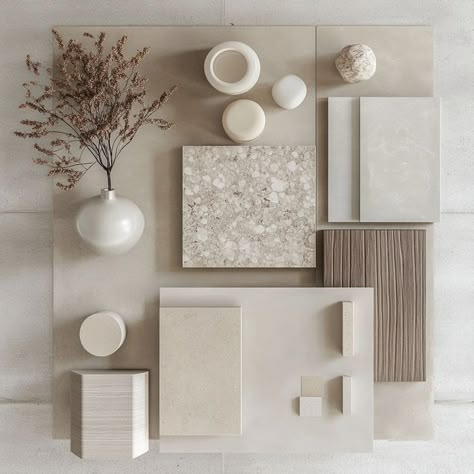 This mood board presents a sophisticated take on minimalism with its combination of creamy neutrals, polished stone, and sleek wood textures. Designed for those who appreciate subtle luxury, the arrangement of smooth finishes and soft materials adds depth to any interior space. From delicate ceramics to finely textured panels, this collection inspires balance and serenity. Perfect for creating peaceful environments with a modern edge. Save this for your minimalist interior design ideas! Modern Minimal Interior, Interior Design Minimal, Calm Room, Interior Design Basics, Interior Design Color Schemes, Materials Board Interior Design, Modern Luxury Interior, Brand Colours, Mood Board Interior