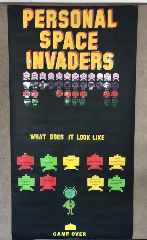 Personal Space Invaders Space Invaders Bulletin Board, Ra Themes, Space Invader, School Displays, Space Invaders, Classroom Door, Personal Space, Work Ideas, Bulletin Board