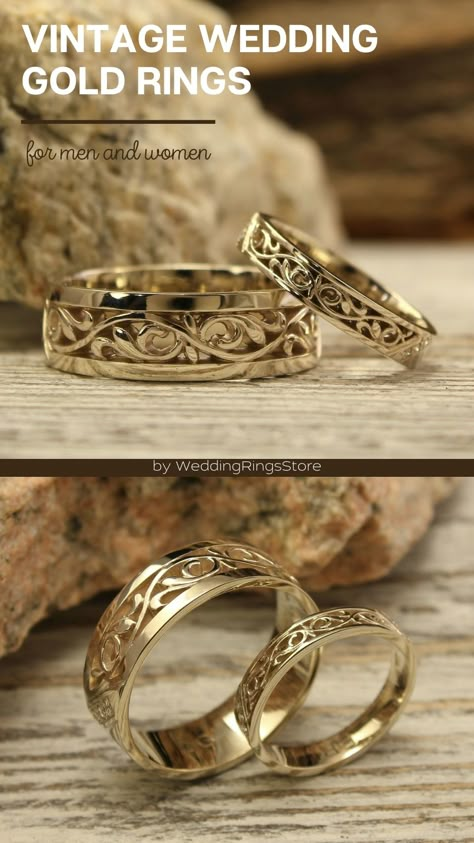 Vintage Wedding Rings Sets His And Hers, Gay Wedding Rings For Men, German Wedding Traditions, Gold Rings For Men, Custom Gold Rings, Gemstones Rings, Vintage Style Wedding Rings, Gold Wedding Bands, Engagement And Wedding Rings