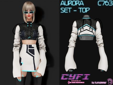 The Sims Resource - CYFI Aurora Set-Top C763 Techwear Female, Alien Clothes, Sims 4 Stories, Cyberpunk Clothes, Sims 4 Expansions, Tumblr Sims 4, Sims 4 Cc Folder, Sims 4 Dresses, Sims 4 Characters