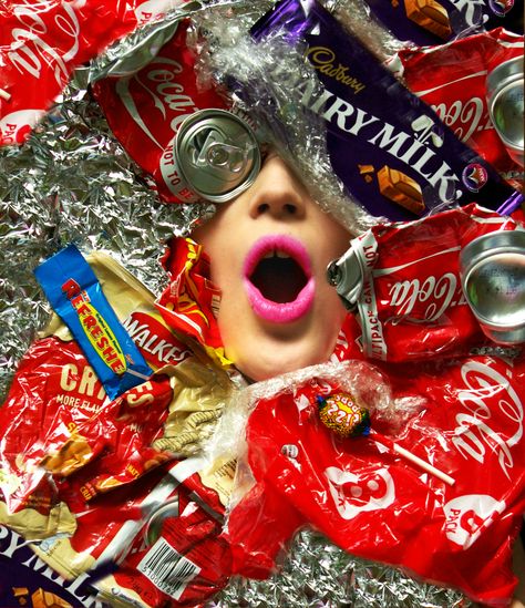 DROWNING IN CONSUMERISM Food Consumption Art, Discarded Items Photography, Consumerism Fashion, Consumerism Photography, Consumerism Art, Plastic Photography, Trash Art, Gcse Art, A Level Art