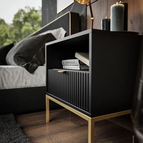 Black And Bronze Bedroom, Bedroom With Black Furniture, Black Dresser Bedroom, Black Bedside Tables, Black And Gold Decor, Bronze Bedroom, Bedside Table Ideas, Bedside Table Black, Black Gold Bedroom