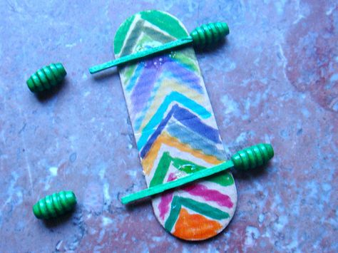 make mini skateboards - cut cardboard or use icecream pop sticks, decorate, glue toothpicks to bottom of the "deck", and glue beads on for wheels. Skateboard Crafts, Skateboard Party, Mini Skateboard, Letter Crafts, Pop Stick, Stick Crafts, Bible School Crafts, Sport Craft, Fine Motor Skills Activities