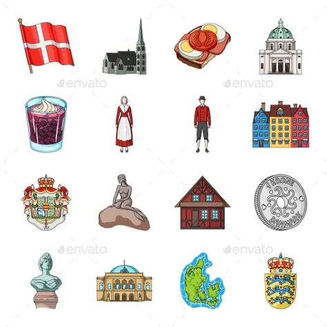 Country Denmark Cartoon Icons in Set Collection Vector Illustration EPS Denmark Illustration, History Icon, Mexico Design, Flat Icons Set, National Symbols, Retro Cartoons, Cartoon Icons, Flat Style, Japanese Culture