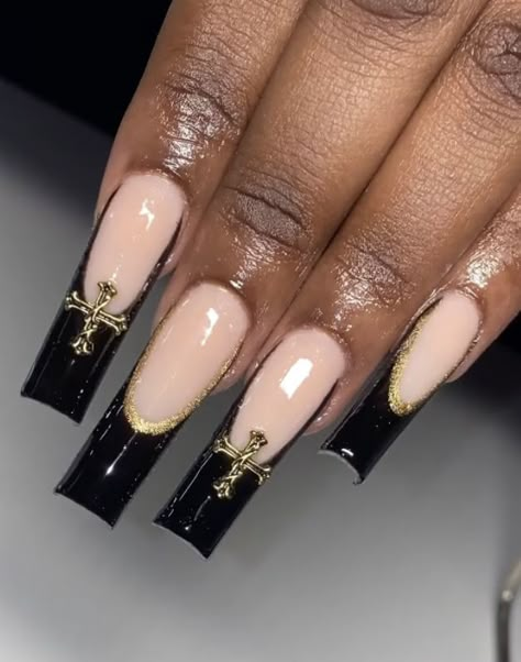 Gold Nail Accessories, Gold N Black Nails, Nails Acrylic Gold And Black, Cross Acrylic Nails Designs, Black And Gold Prom Nails Acrylic, Black Nails With Gold Gems, Black Prom Nails Acrylic Classy, Black And Gold Nails Long, Black Gold Nails Acrylic