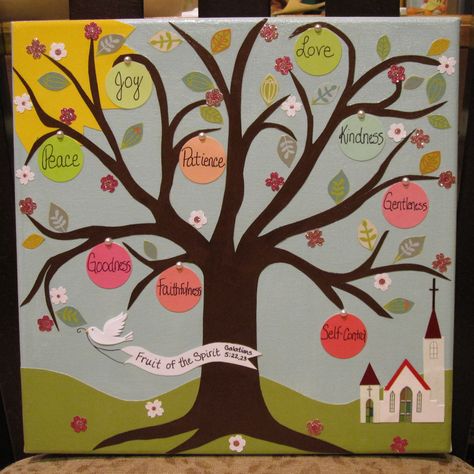 Fruit of the Spirit Tree on canvas Spirit Tree, Church Bulletin Boards, Bible School Crafts, Shirt Quotes, Tree Spirit, Object Lessons, Spirit Shirts, Vacation Bible School, Sunday School Crafts