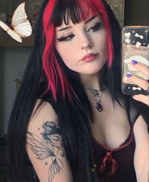 Goth Split Dye, Pink Egirl Hair, Egirl Hair Bangs, Red Egirl Hair, Black And Pink Hair Bangs, Red And Purple Split Dye, Black Hair With Dyed Bangs, Pink And Black Hair With Bangs, Red And Black Hair Medium Length